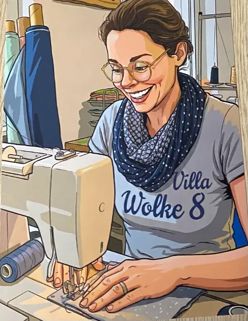 Comic-Style Bild von Hanni, Inhaberin des Atelier Wolke 8 in Schliersee, an ihrer Nähmaschine